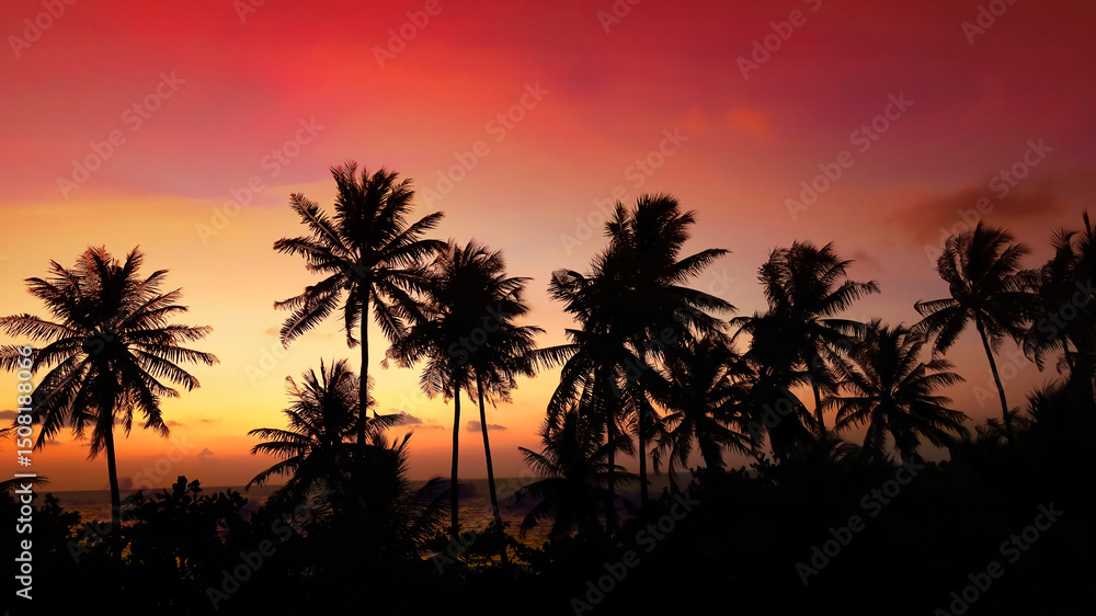 Fototapeta premium Silhouette of palm trees at sunset. Silhouette palm tree at tropical beach background