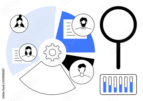 Pie chart segments, gear icon, magnifying glass, profile pictures, and bar chart convey teamwork, data analysis, research, HR tools project management. Ideal for business analytics simple landing