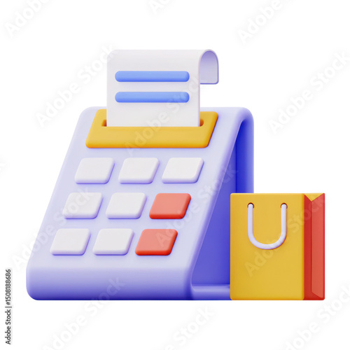 Colorful 3D illustration of receipt printer with printed receipt and shopping bag with U logo, emphasizing payment methods and shopping experience