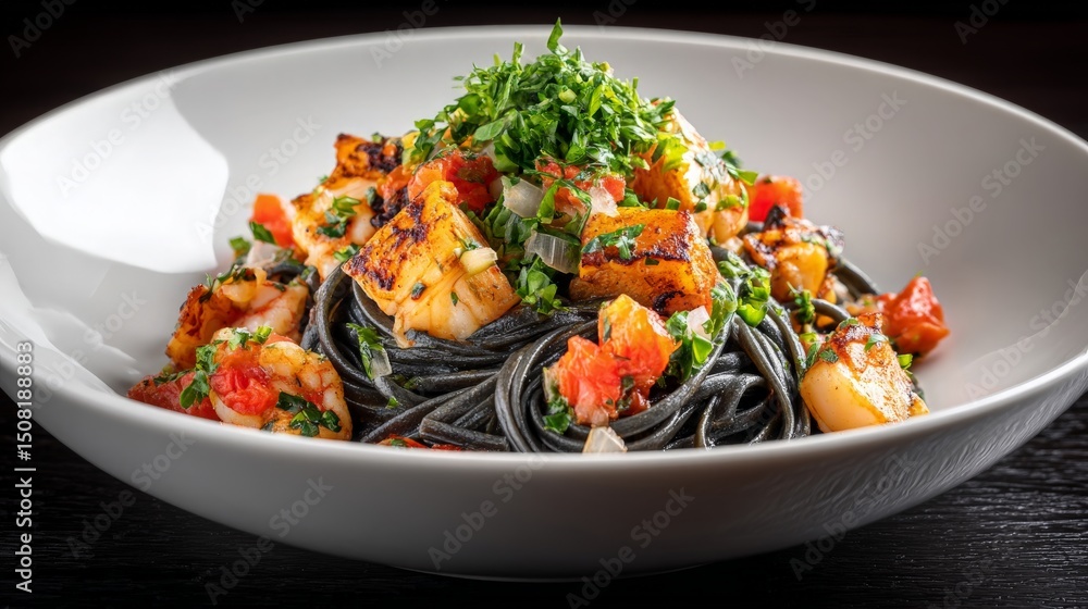 Black Spaghetti with Seafood in White Bowl Black Spaghetti with Seafood in White Bowl