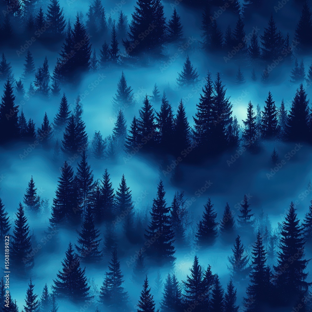 Obraz premium Mysterious Dark Forest Shrouded in Mist - Trees and Fog in Night