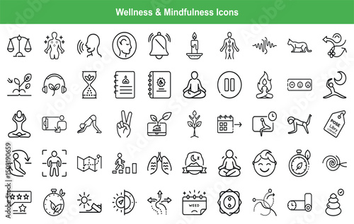 Wellness & Mindfulness Icon Set – Yoga, Meditation, Self-Care, and Relaxation Vector Symbols