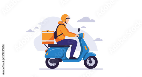 Delivery rider riding scooter with a backpack under cloudy sky  