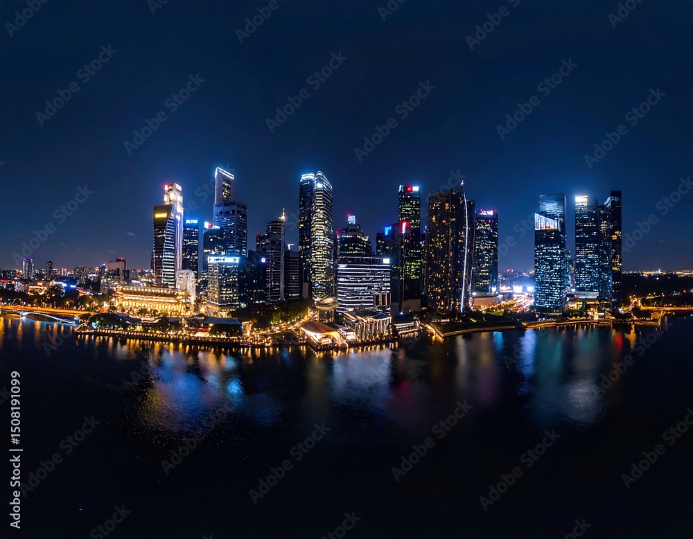 Fototapeta premium Night cityscape panorama, skyscrapers reflected in dark water