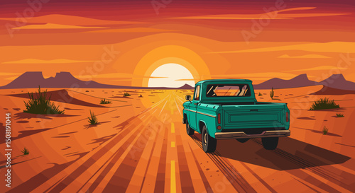 Vintage pickup truck driving on desert road at sunset
