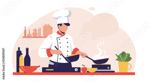 Chef cooking in a modern kitchen with vegetables and utensils  