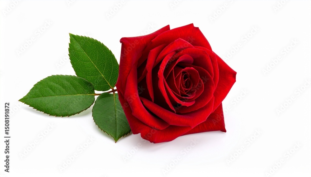 Beautiful red rose with green leaves on a white isolated background close up Beautiful red rose with green leaves on a white isolated background close up