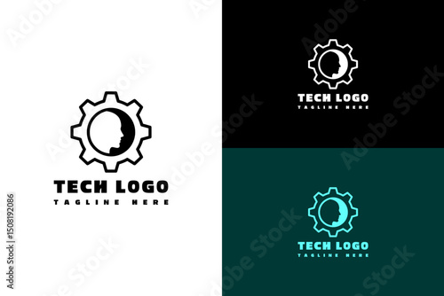 robot side face masking inside gear illustration, icon, minimal, vector logo for robot, machine, mechanism, artificial intelligence, robot, machine learning, mechanical, fintech, database, and more