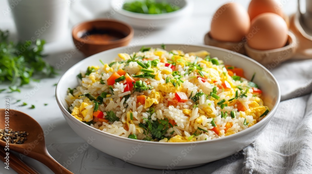 Bowl of Fried Rice with Vegetables and Eggs Bowl of Fried Rice with Vegetables and Eggs