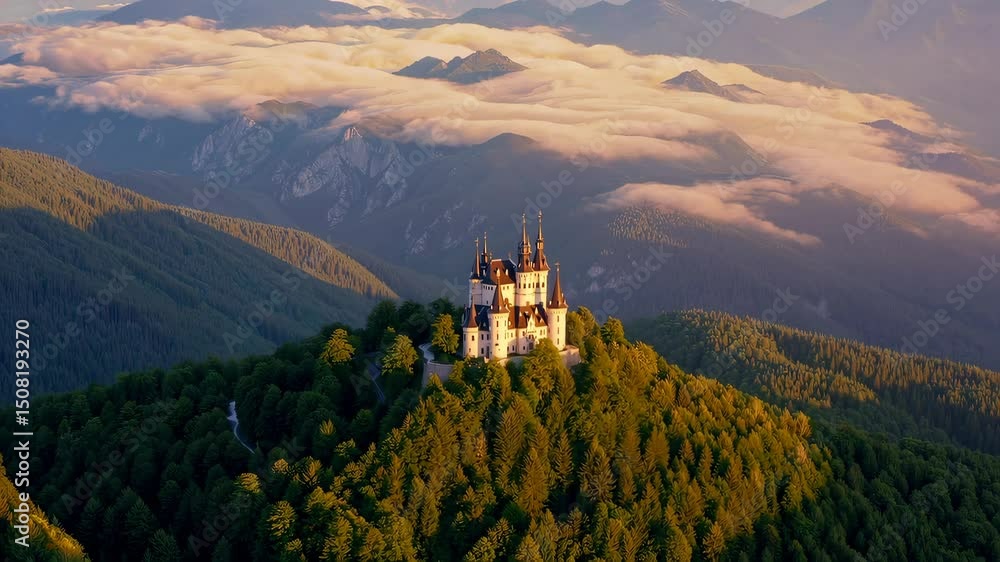 Majestic sunrise over mountain castle with sweeping aerial view capturing scenic beauty and tranquility Majestic sunrise over mountain castle with sweeping aerial view capturing scenic beauty and tranquility