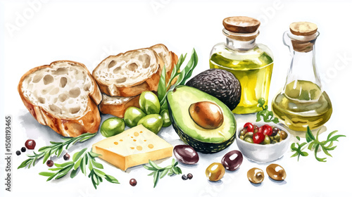 An inviting collection of ingredients including and various garnishes like fresh bread, fragrant herbs, and olives, avocado, olive oil all artfully arranged 
