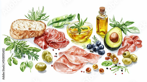 An inviting collection of ingredients including and various garnishes like fresh bread, fragrant herbs, and olives, avocado, olive oil all artfully arranged 