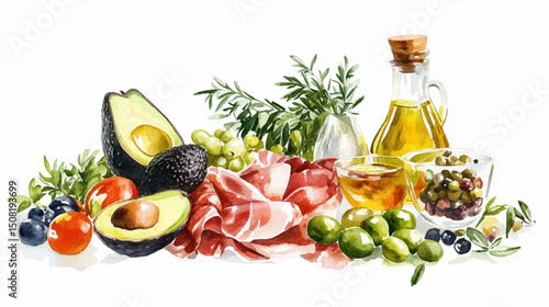 An inviting collection of ingredients including and various garnishes like fresh bread, fragrant herbs, and olives, avocado, olive oil all artfully arranged 