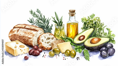 An inviting collection of ingredients including and various garnishes like fresh bread, fragrant herbs, and olives, avocado, olive oil all artfully arranged 