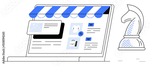 Laptop with digital storefront, shopping cart icons, discount offers, and a chess knight symbol. Ideal for e-commerce, strategy, marketing, business growth decision-making technology retail. Flat