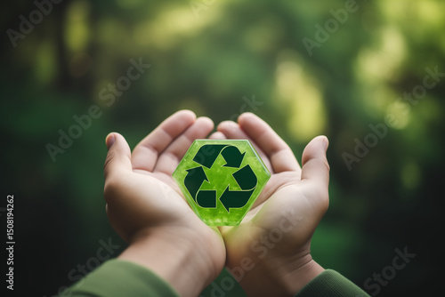 Wallpaper Mural Hand holding reduce, reuse, recycle symbol on green bokeh background. Ecological and save the earth concept. An ecological metaphor for ecological waste management and a sustainable  Torontodigital.ca