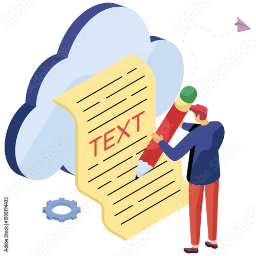 An isometric design illustration of cloud content writing