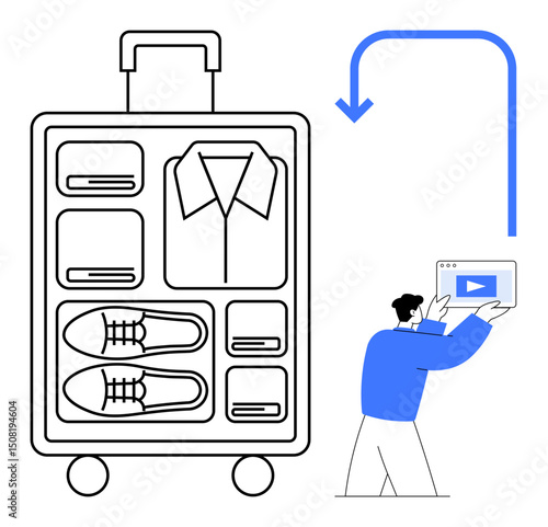 Packed suitcase with neatly arranged items, man holding video tutorial for travel tips. Ideal for travel, packing strategy, organization, guides, tutorials, preparation, simple landing page