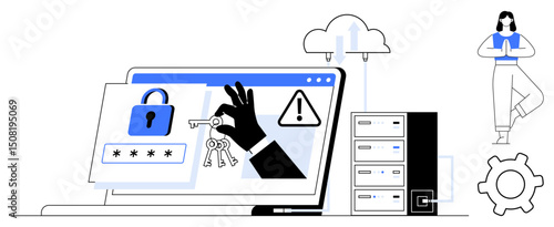 Hand holding keys next to a padlock on laptop screen, server stack, gear icon, cloud, yoga pose figure. Ideal for data security, cyber threats, online safety, digital protection privacy system