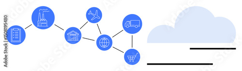 Nodes depicting stages of supply chain factory, warehouse, plane, truck, global network, and shopping cart. Ideal for logistics, efficiency, commerce globalization connectivity transport flat