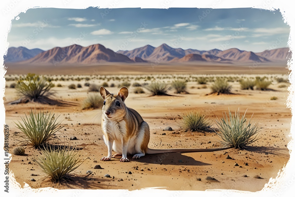 Obraz premium Kangaroo rat with a panoramic desert landscape in watercolor style