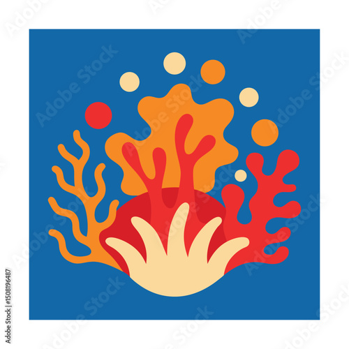 Colorful abstract illustration of sea corals and bubbles on a deep blue background
