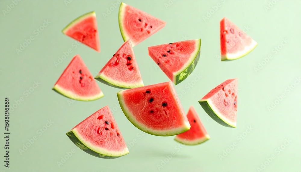 Ripe and juicy watermelon falling in the air isolated on a pastel green background. Ripe and juicy watermelon falling in the air isolated on a pastel green background.