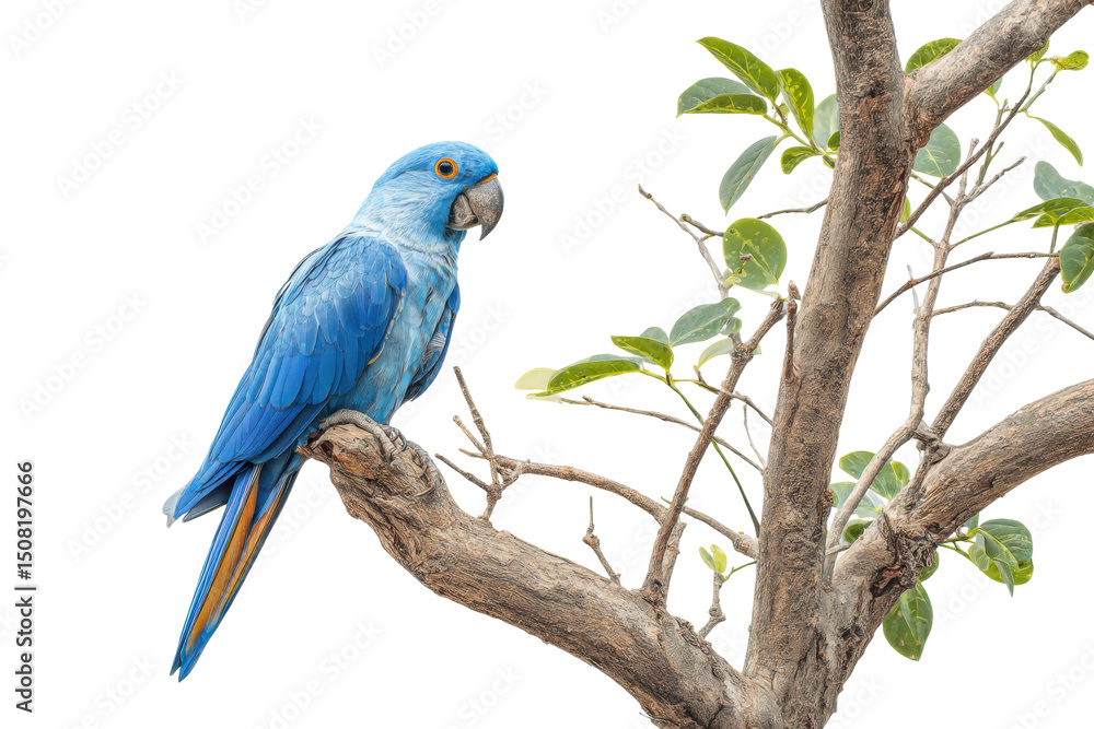 Naklejka premium Vibrant blue parrot perched on branch against black background, cut out