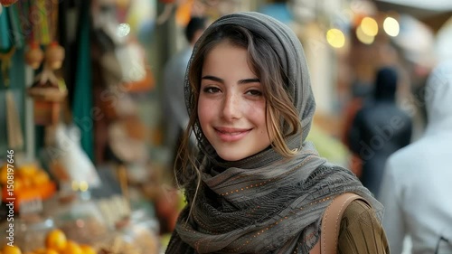 Wallpaper Mural In a vibrant urban market bustling with activity, a middle eastern woman beams while proudly holding her bag filled with fresh fruits and vegetables Torontodigital.ca