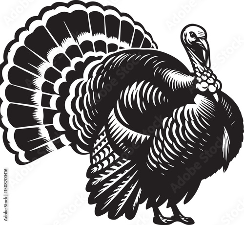 Stylized Black and White Turkey Silhouette Vector Illustration