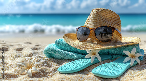 Beach bliss Hat sunglasses towel sandals  flowers
