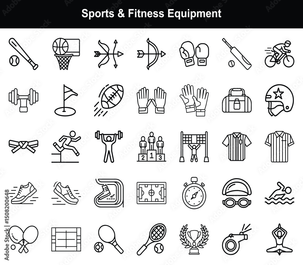 Fototapeta premium Sports & Fitness Equipment Icons – Training, Competition, Gym, Games, Outdoor Activity Vector Set