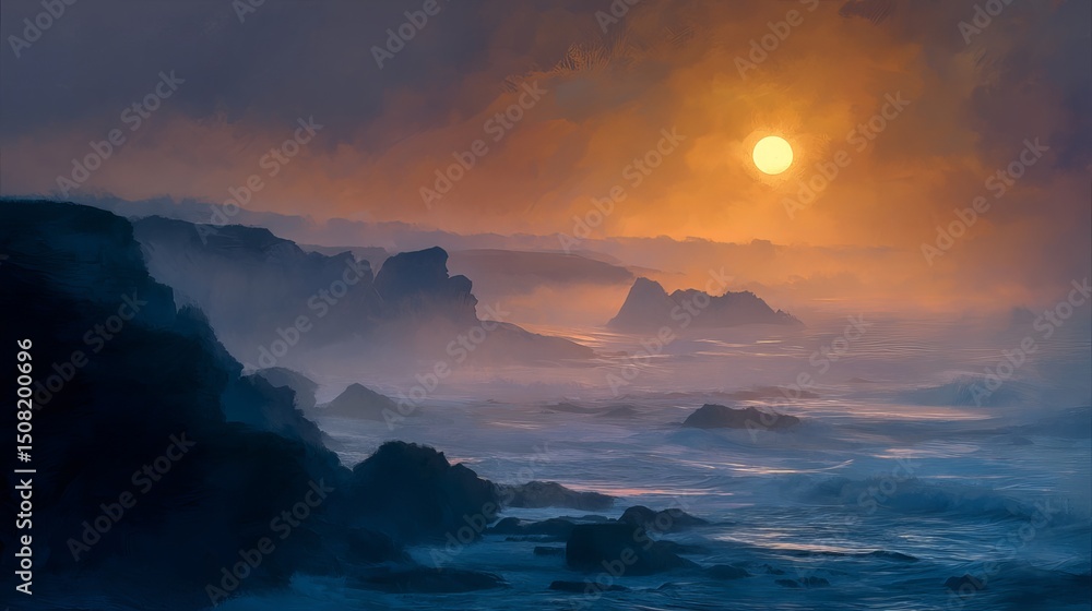 Ocean sunset landscape painting with coastal rocks and misty atmosphere for art prints and wall decor ideas Ocean sunset landscape painting with coastal rocks and misty atmosphere for art prints and wall decor ideas