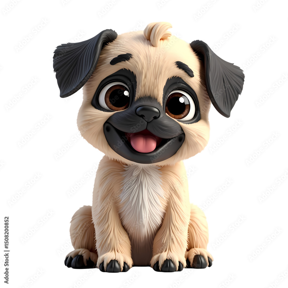 Naklejka premium Cartoon pug puppy sitting with a happy expression and big eyes on a black background looking cute and friendly