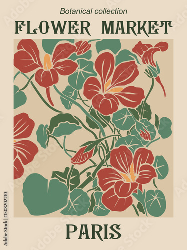 Vintage Paris Flower Market poster in Art Nouveau style featuring bold red flowers and green leaves. Retro botanical wall art, perfect for French-themed home decor or travel prints.