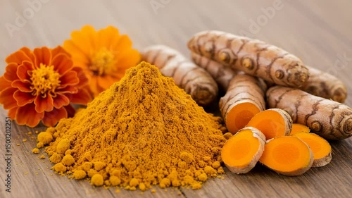 Turmeric powder with fresh turmeric roots and marigold flowers  