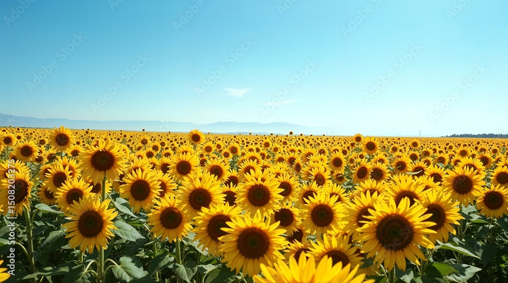 Obraz premium Golden Sunflower Field Under Bright Sun - AI Generated