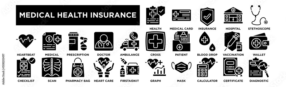 Medical Health Insurance icon collection set. Healthpolicy, Medicalcard, Insuranceshield, Hospitalbuildinge, Stethoscopeicon Medical Health Insurance icon collection set. Healthpolicy, Medicalcard, Insuranceshield, Hospitalbuildinge, Stethoscopeicon