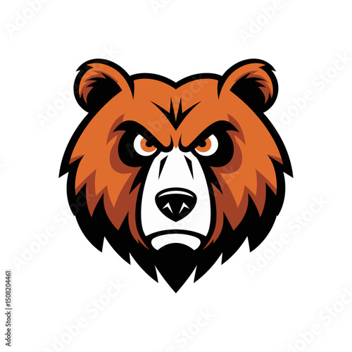 A bold illustration of a bear's head, featuring an intense expression and vibrant colors. The design emphasizes the strength and fierceness of the bear, making it a striking representation of wildlife