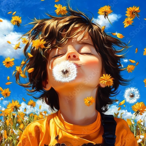A child enjoys the warmth and blows on a dandelion. Generative AI