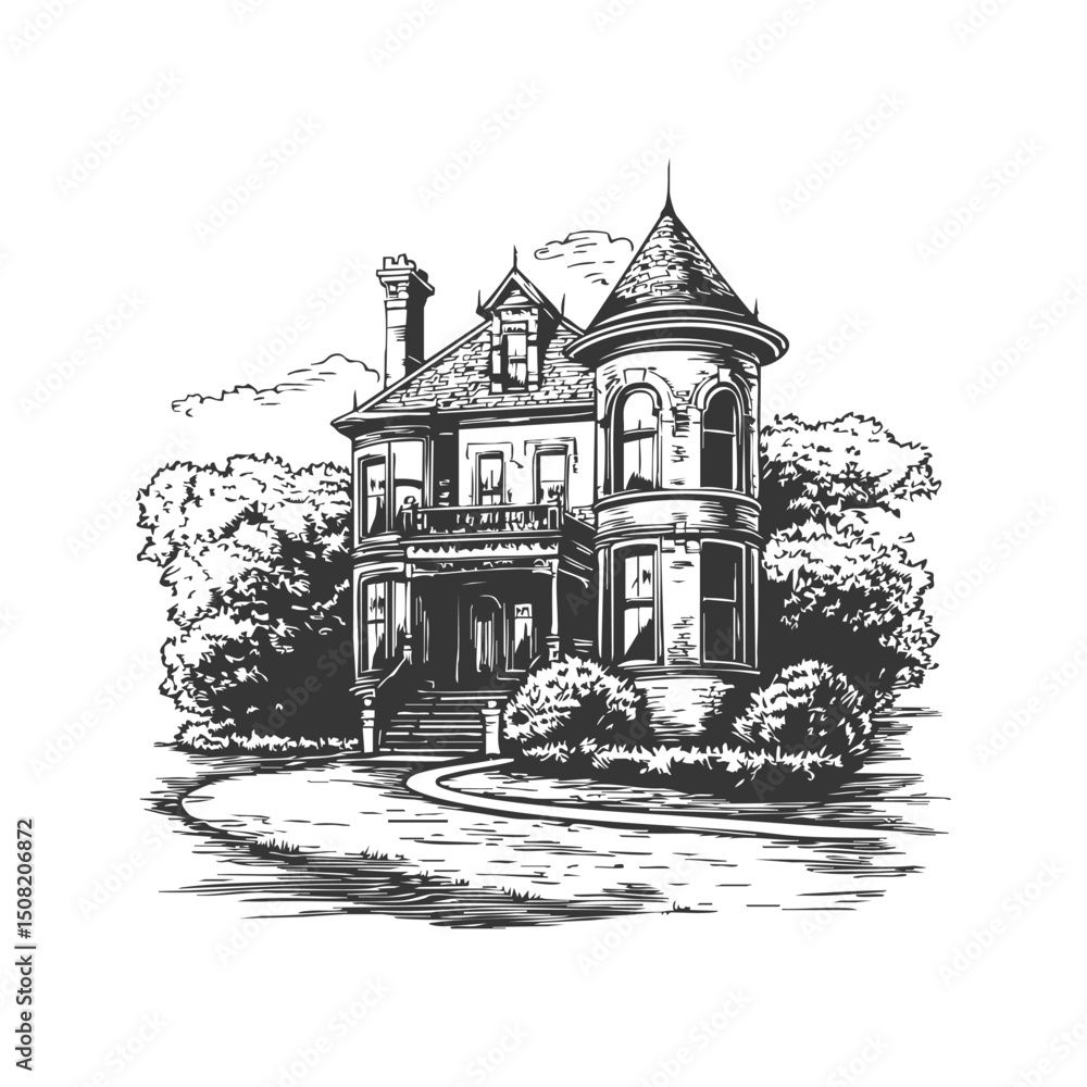 Fototapeta premium Victorian Mansion With Tower And Garden Black And White Silhouette Illustration. Architectural Elegance And Historical Charm. Isolated Vector Illustration