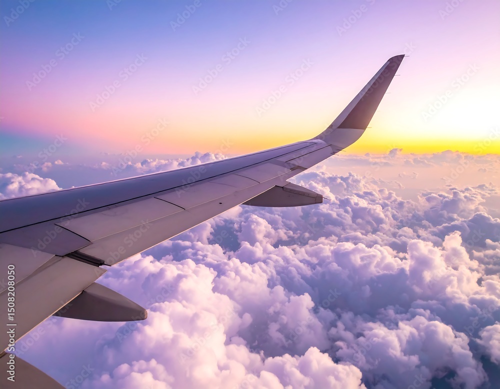 Obraz premium Airplane wing over clouds at sunset