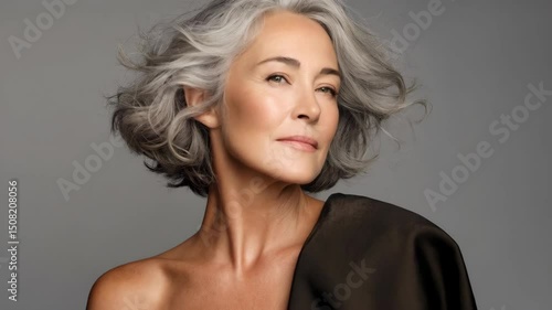 Elegant mature woman with short grey hair and bare shoulders in studio portrait on grey background