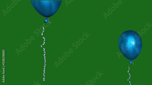 ten blue balloons flying on a green screen