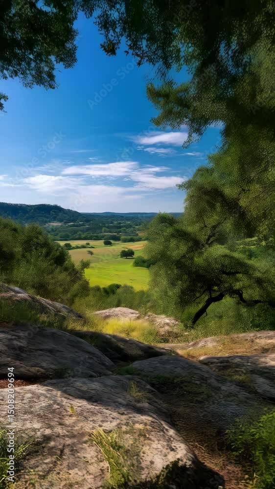 Scenic landscape view overlooking rolling green hills with scattered trees beneath bright blue sky and patchy white clouds from rocky outcrop. Scenic landscape view overlooking rolling green hills with scattered trees beneath bright blue sky and patchy white clouds from rocky outcrop.