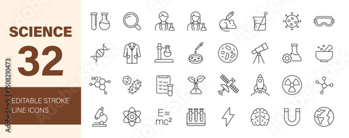Science icon set. Containing laboratory, equipment, scientist, biology, experiment, research, physics, chemistry and more. Editable line icons. Vector illustration.