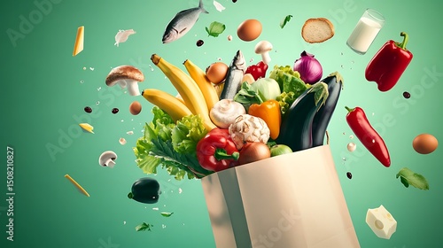 Grocery bag filled with various foods flying out.