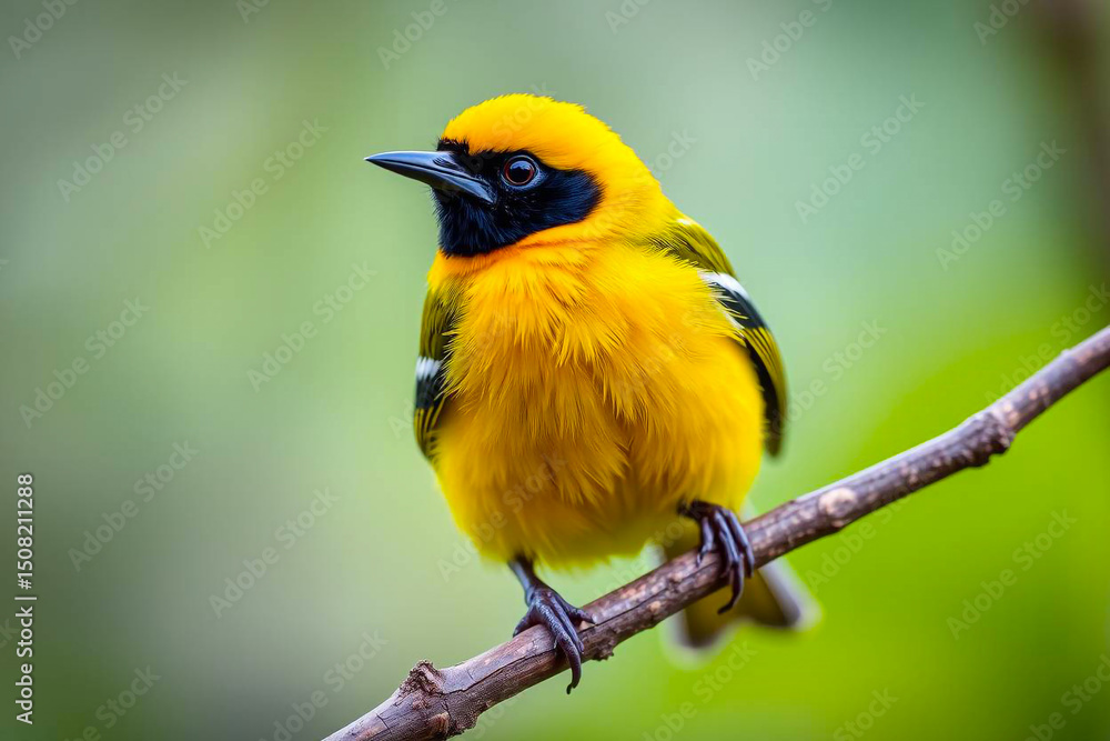 Fototapeta premium Bright Yellow Tanager Perched on a Tree Branch, Displaying Its Vibrant Yellow Plumage in a Tranquil Natural Setting, Vibrant Wallpaper