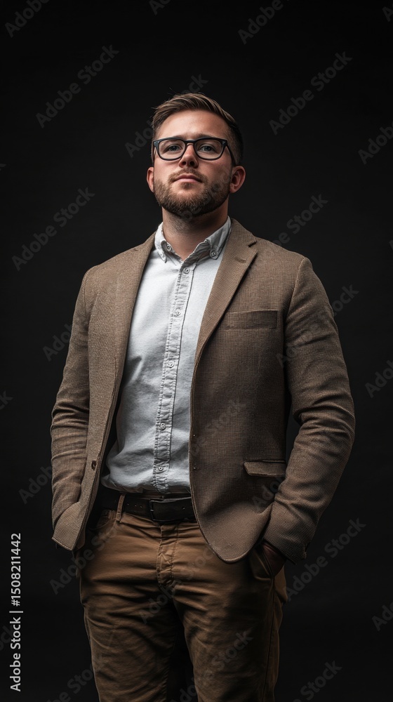 Fototapeta premium Bearded Man in Blazer and Glasses Standing Against a Dark Background