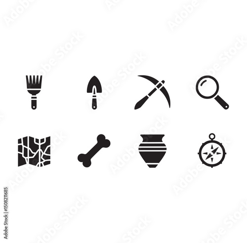 Archeology Glyph Icons Set Black and White Archaeology Digging Tools and Artifacts for Exploration and Discovery on White Background